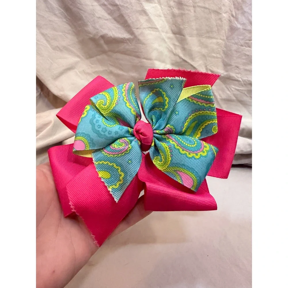 Kids Hot Pink and Teal Paisley Grosgrain Hair Bow Alligator Clip